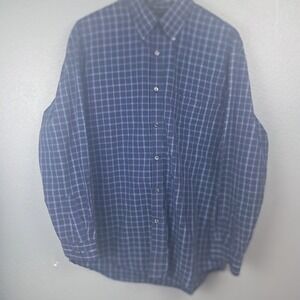 Van Heusen Mens Plaid Shirt Large Blue White Check Button Up Casual Dress Cotton